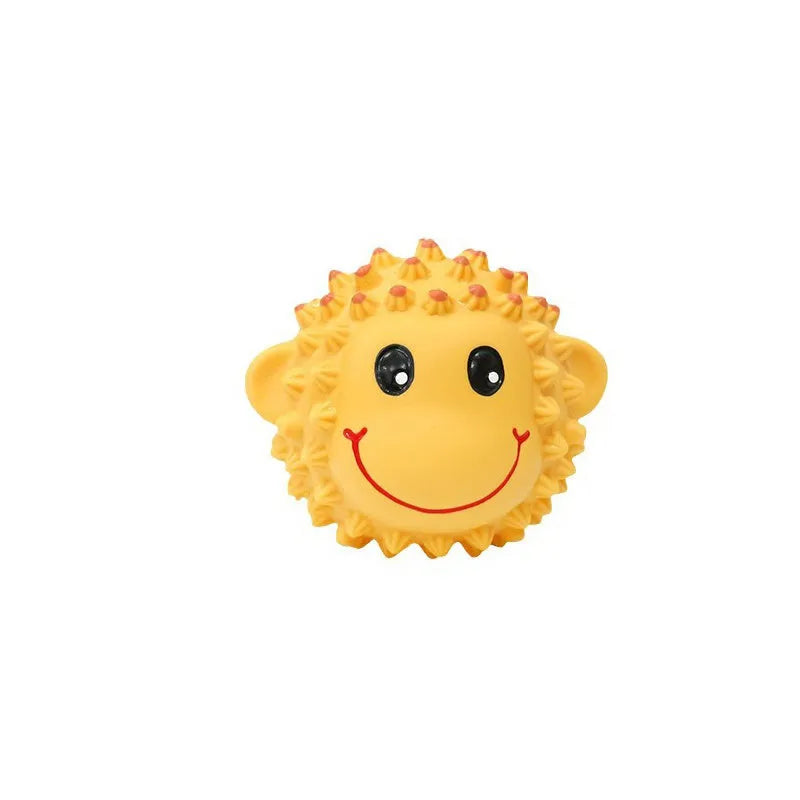 Orange and yellow spiky latex dog toys shaped like lamb and monkey with teeth cleaning texture
