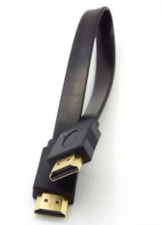 Flat HDMI cable with gold-plated connectors showing length options from 0.3 to 10 metres