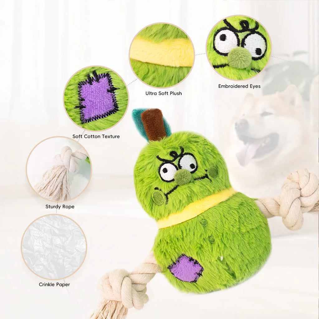 Green and purple interactive dog toy with plush rope knot design for tug of war games