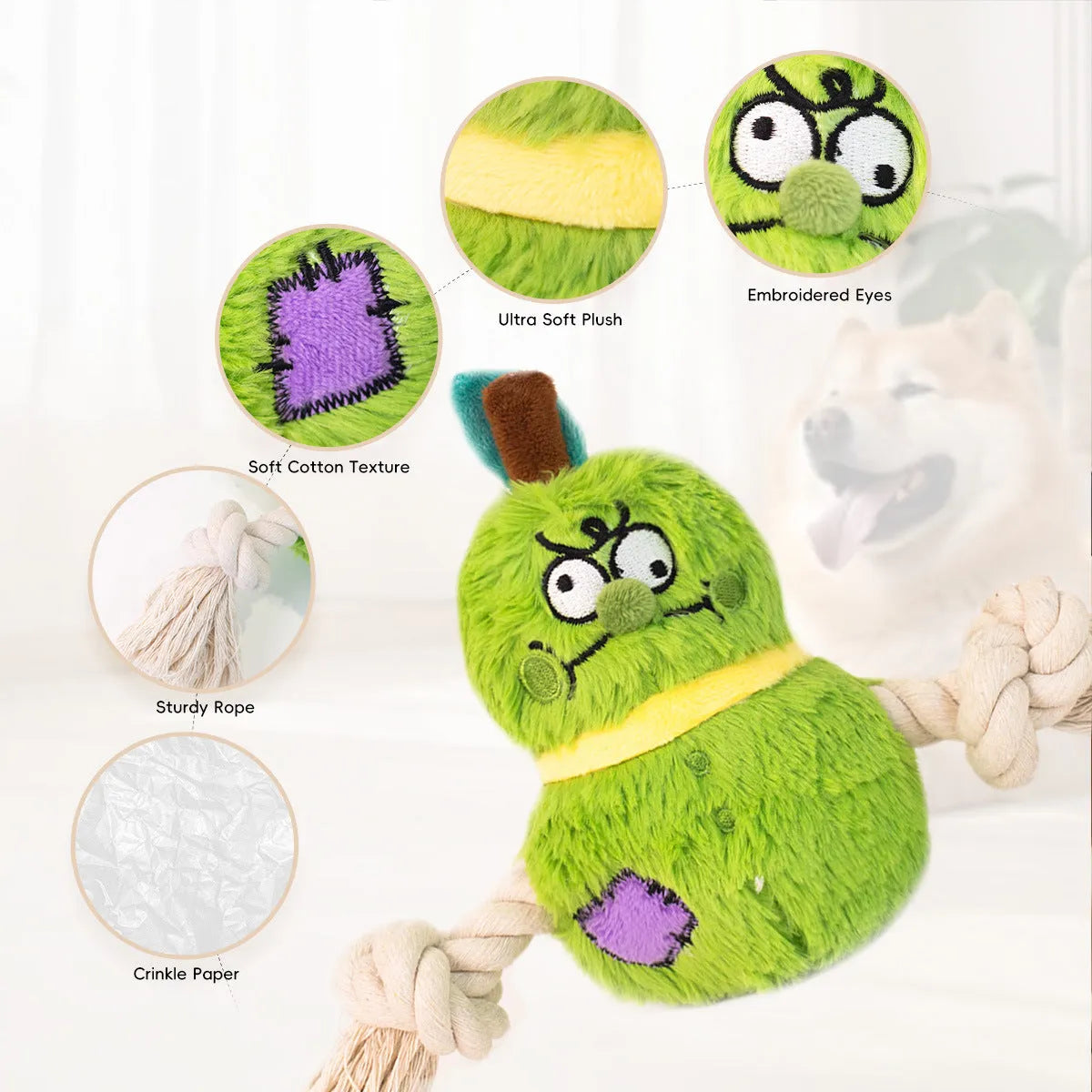 Green and purple interactive dog toy with plush rope knot design for tug of war games