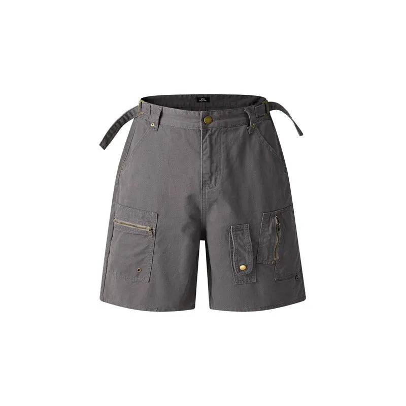 Retro grey washed cotton shorts with a zipper fly and loose fit on a mannequin.