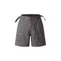 Retro grey washed cotton shorts with a zipper fly and loose fit on a mannequin.