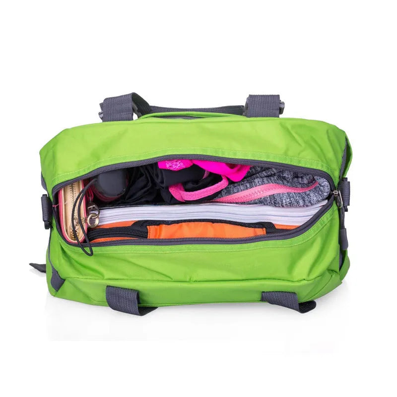 Nylon yoga gym bag in medium or large size, shown in available colours like black, blue, green, pink, purple, and rose red.