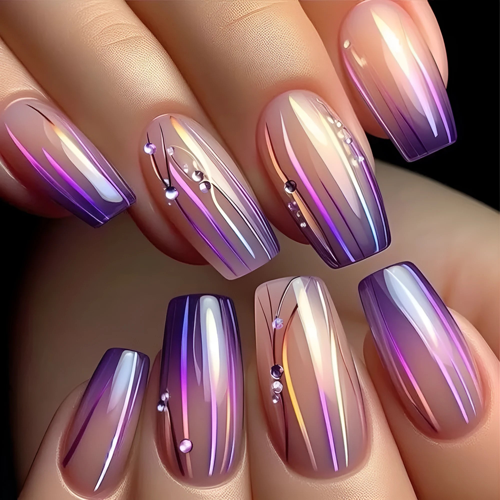 Pack of 24 magic purple gradient nail stickers with starry sky pattern and bottle of jelly glue