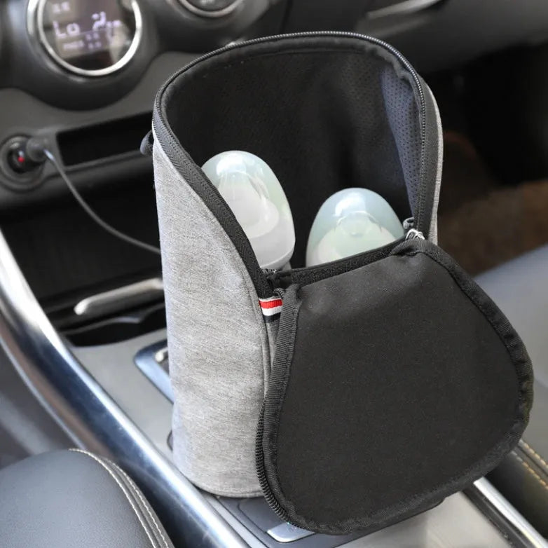 Grey Oxford cloth portable car USB baby bottle warmer with electronic display and carry handle