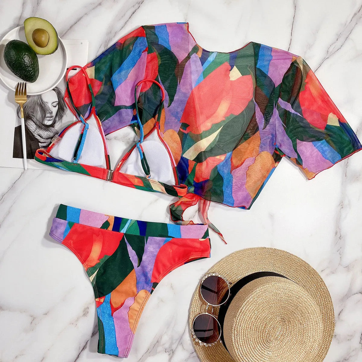 Red printed women's split swimsuit with nylon fabric for swimming and surfing