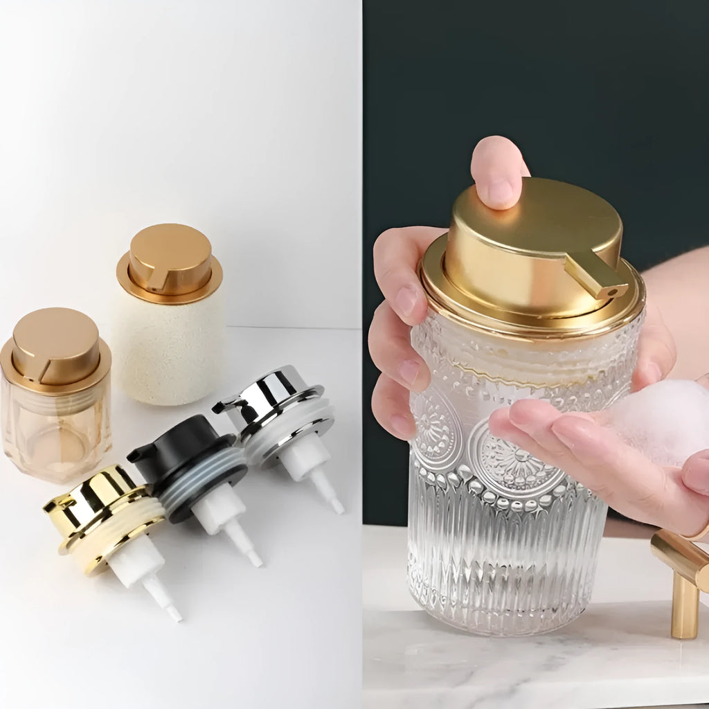 Facial cleanser foam pump with large plastic head in various metallic finish options.