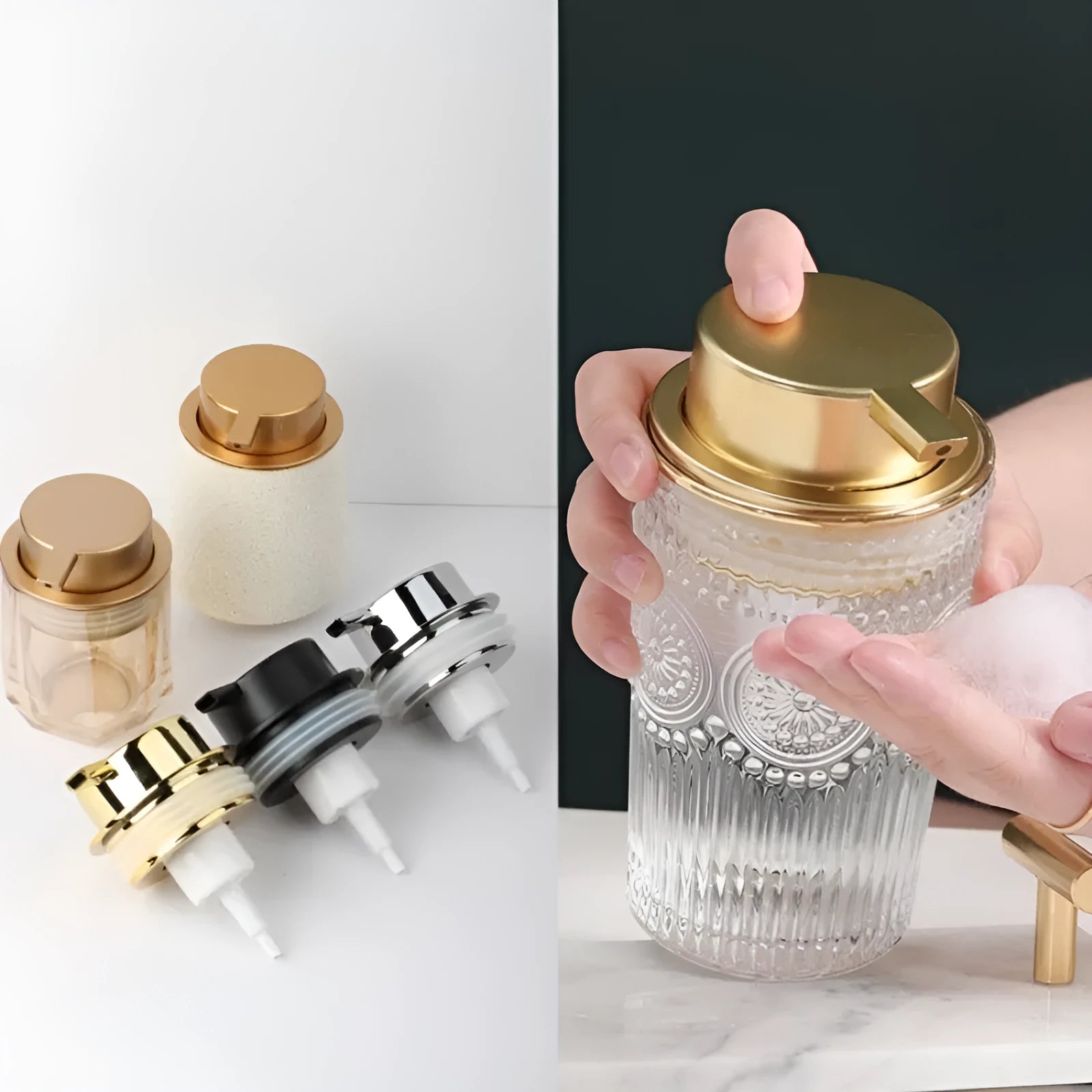 Facial cleanser foam pump with large plastic head in various metallic finish options.