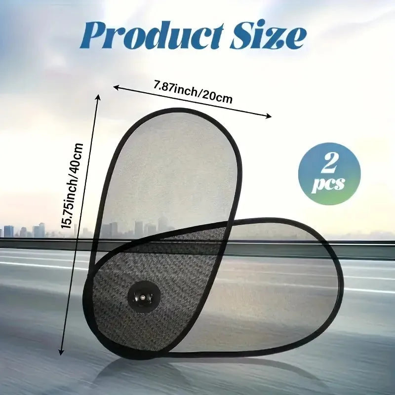Black breathable mesh car side window shade stretched over glass with visible suction cups.