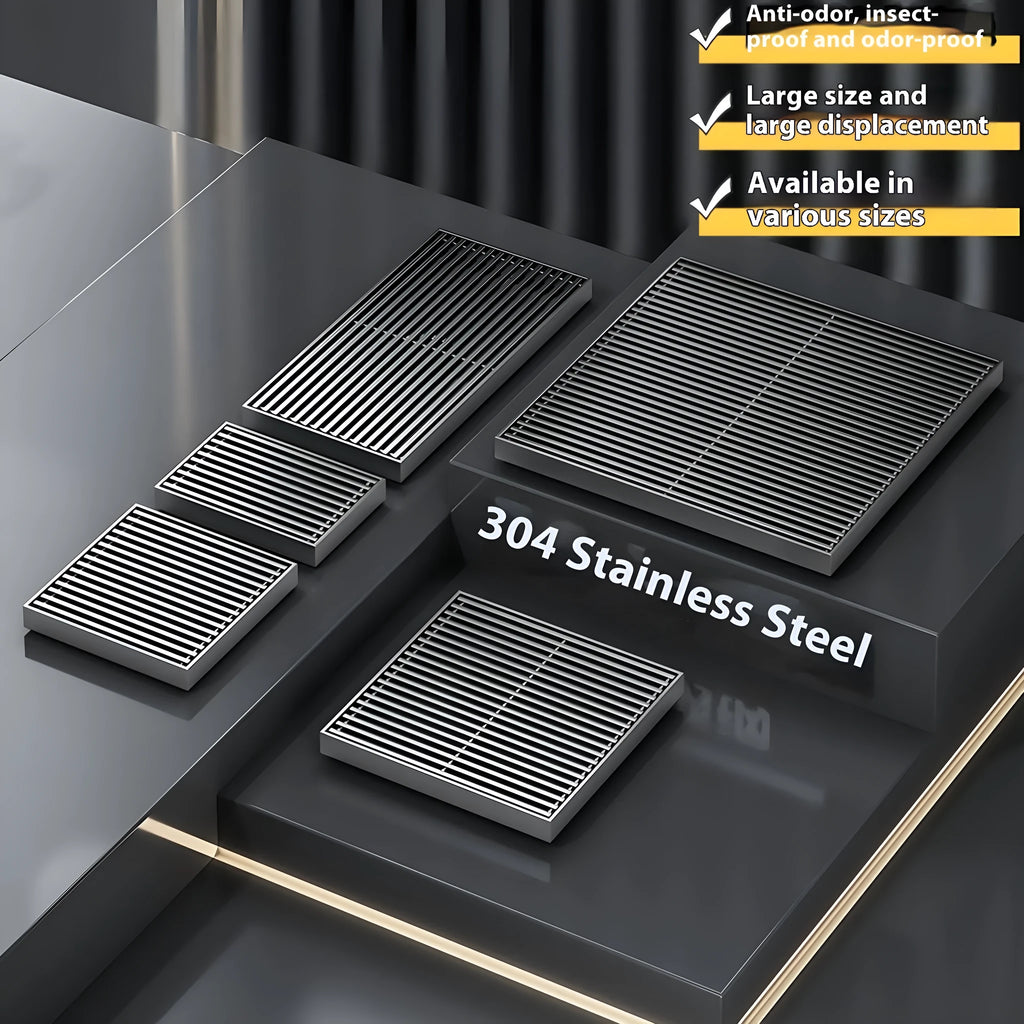 Gun grey 304 stainless steel courtyard floor drain with a 15x15cm grate.