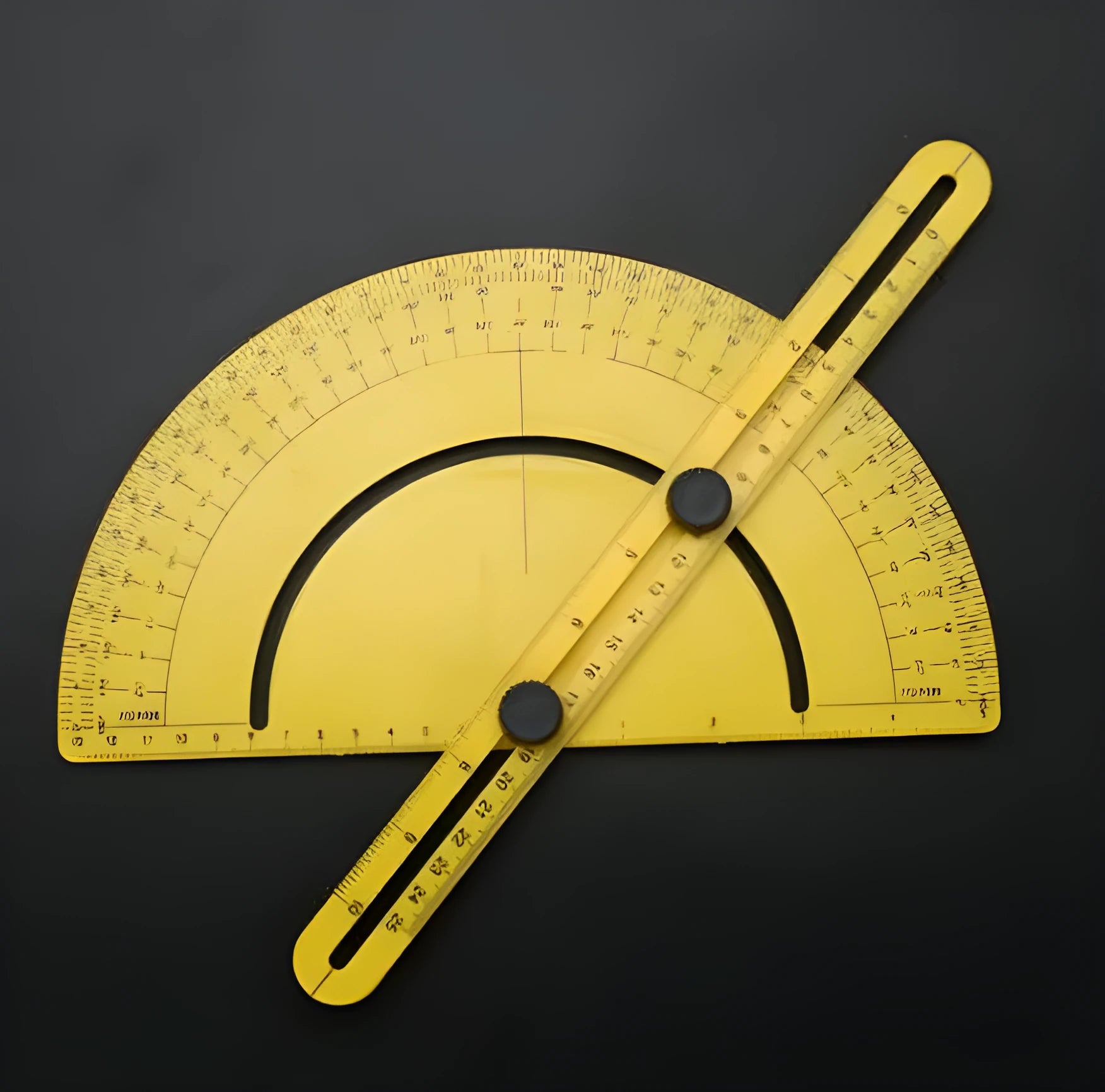 White ABS plastic carpentry angle ruler with a 180-degree scale and movable measuring arm on a wooden workbench.