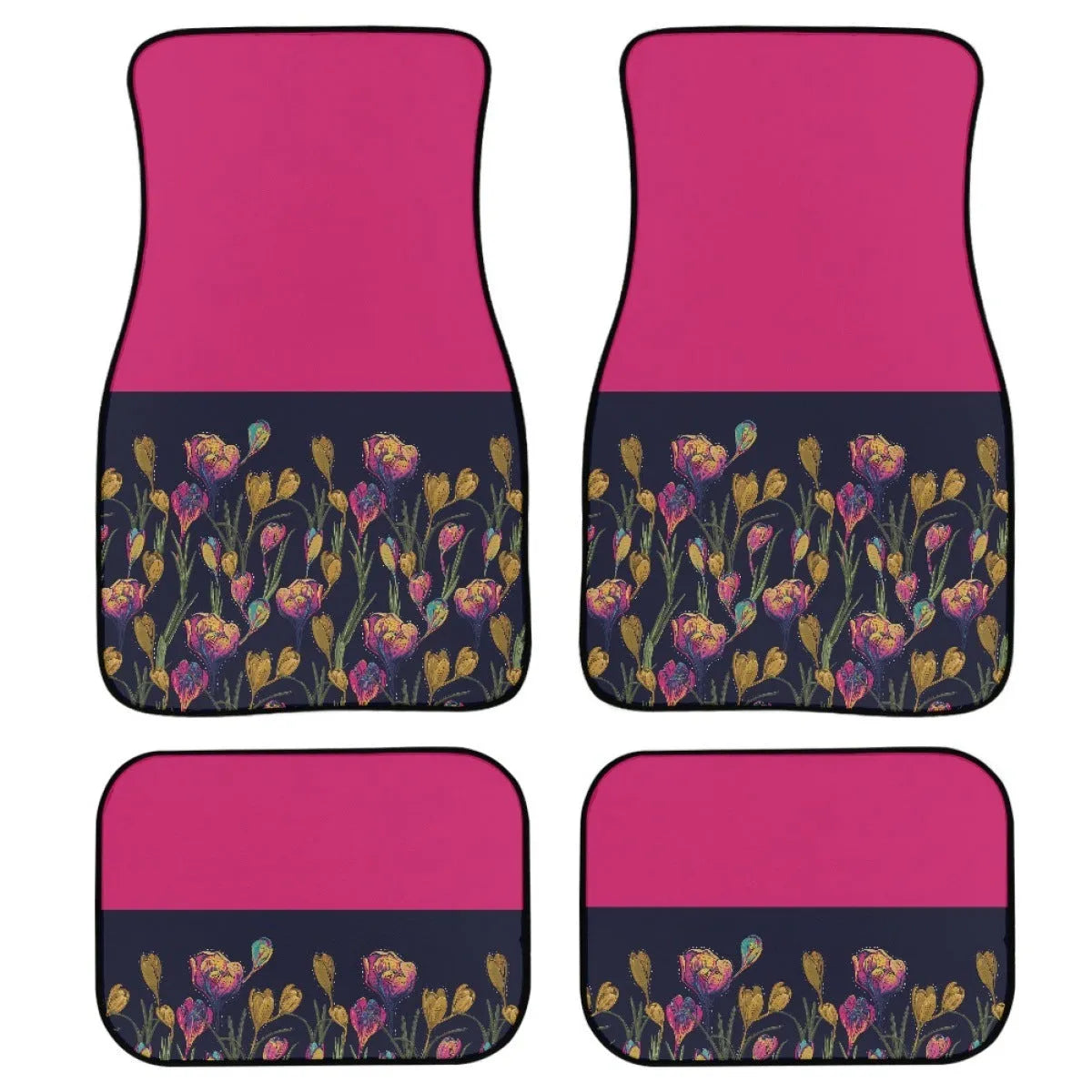 Four-piece set of black printed rubber car floor mats with a 20mm thickness and waterproof lining.