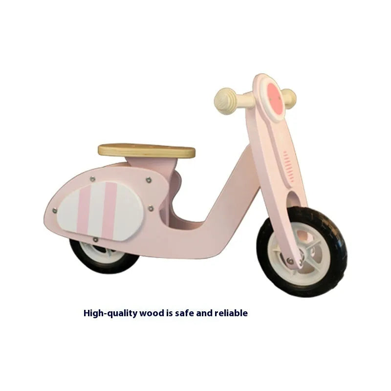 Pink wooden toddler balance scooter with 10-inch wheels for children aged 1 to 6 years.