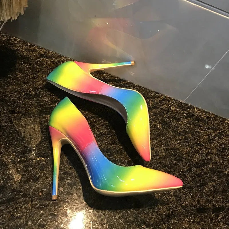 Rainbow patent leather women's high heels with pointed toe and thin stiletto heel in 10cm or 12cm height options