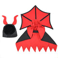 Black polyester vampire cloak and hat pet Halloween costume on a mannequin, size U.