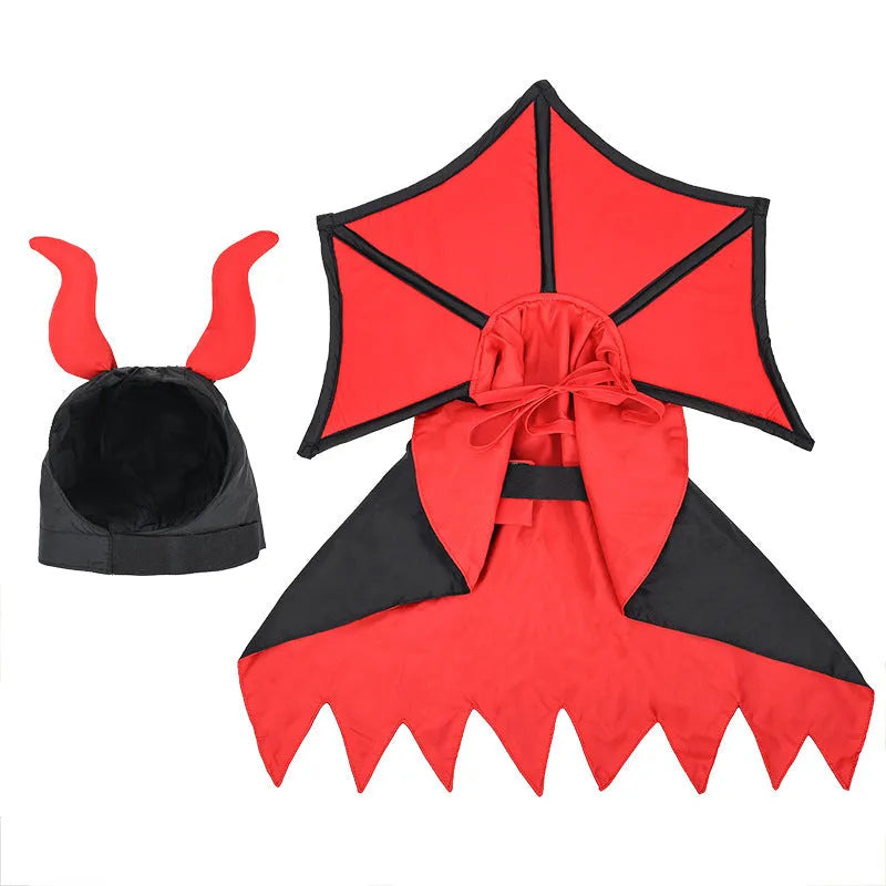 Black polyester vampire cloak and hat pet Halloween costume on a mannequin, size U.