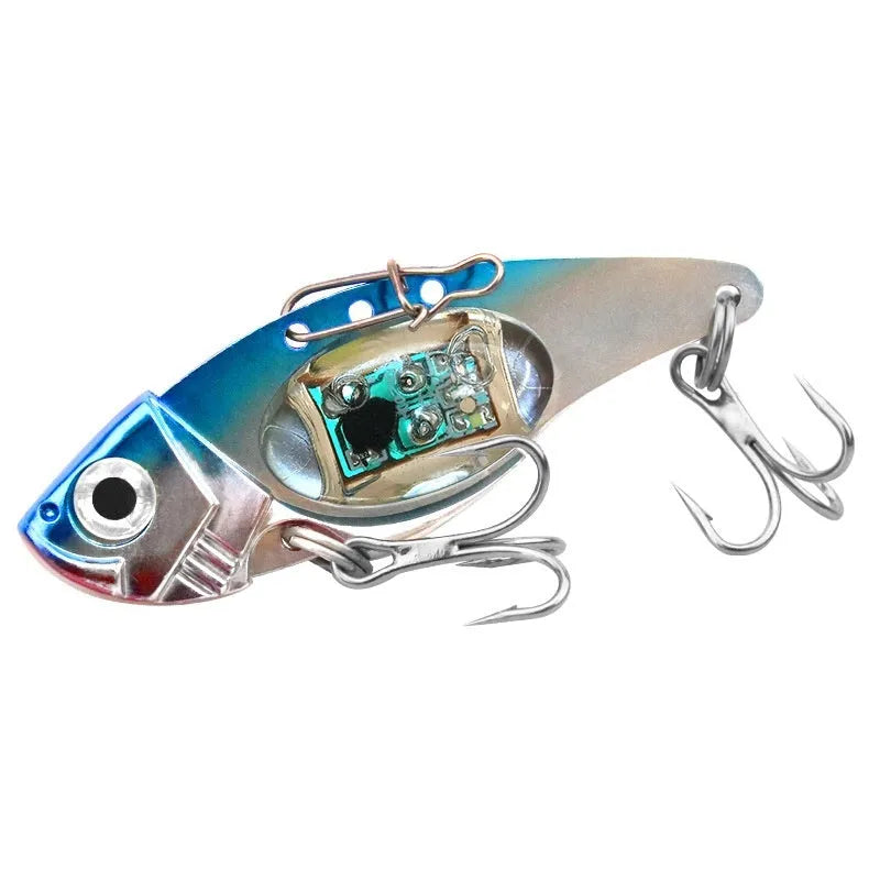 Electronic metal vib fishing lure with luminous elements in blue and red body colours