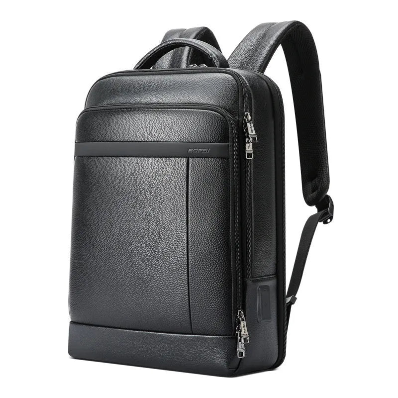 Black business leather backpack with USB port and curved shoulder straps