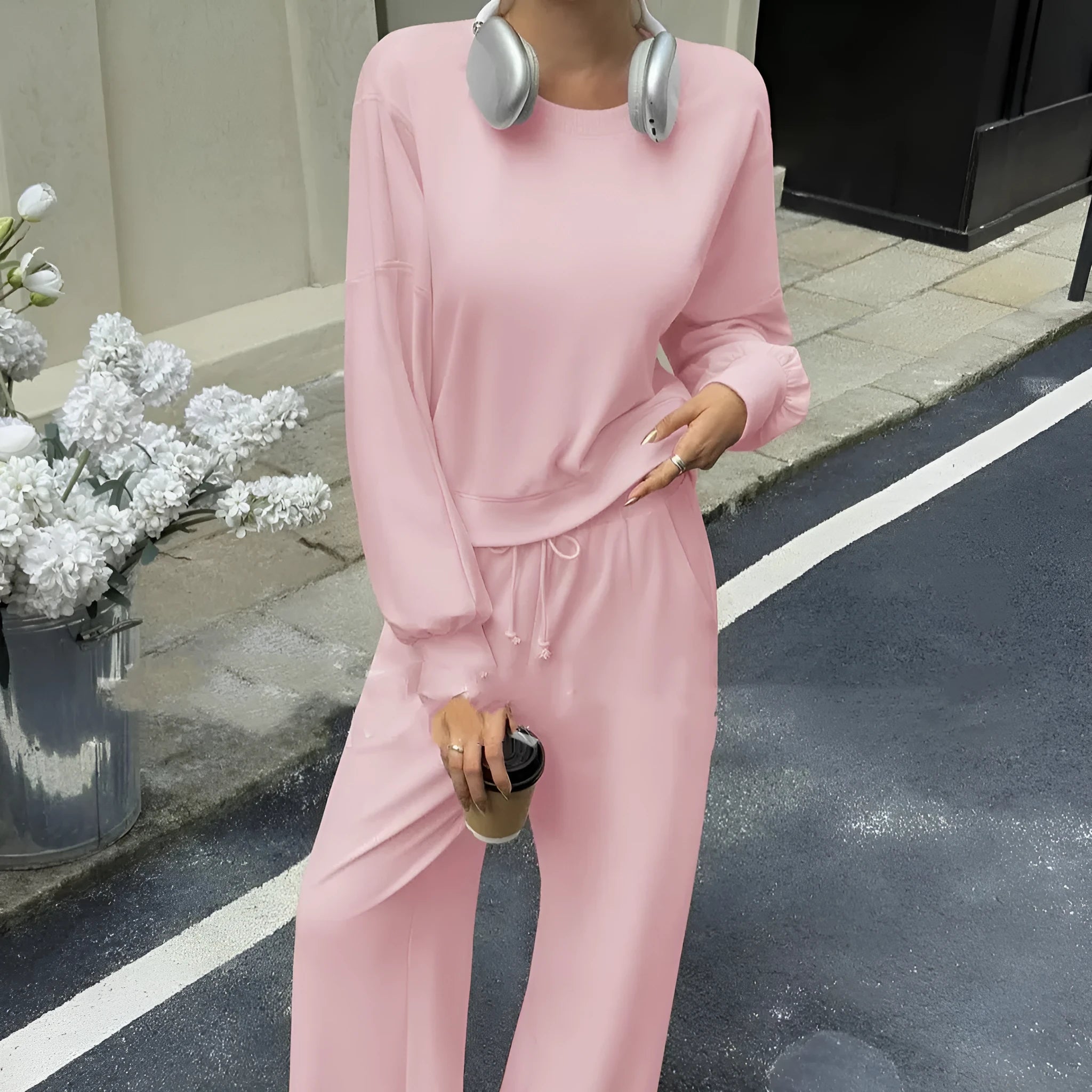 Women's solid colour long sleeve top and trousers casual two-piece set in polyester.
