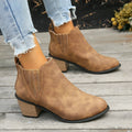 Women's black ankle boots with pointed toe and thick square heel on a rubber sole