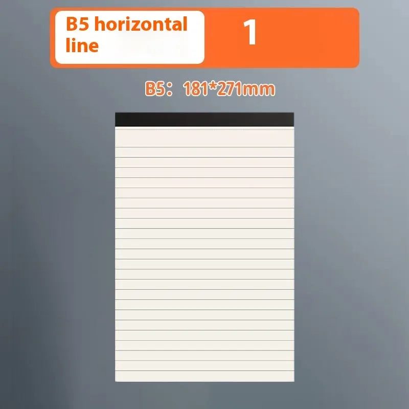 A5 and B5 thick tearable writing pads in blank, grid, and lined ruling styles with 80 sheets.