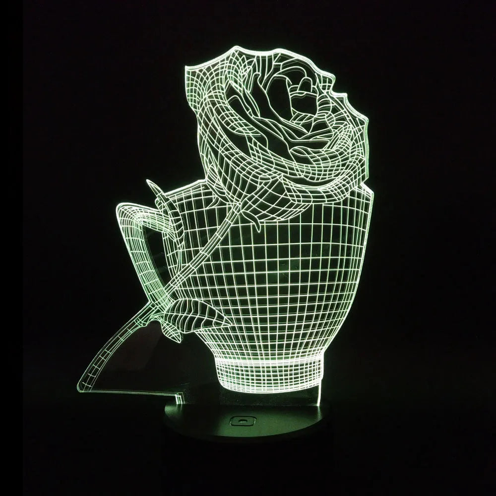 3D rose flower decorative night light with remote control on a bedside table.