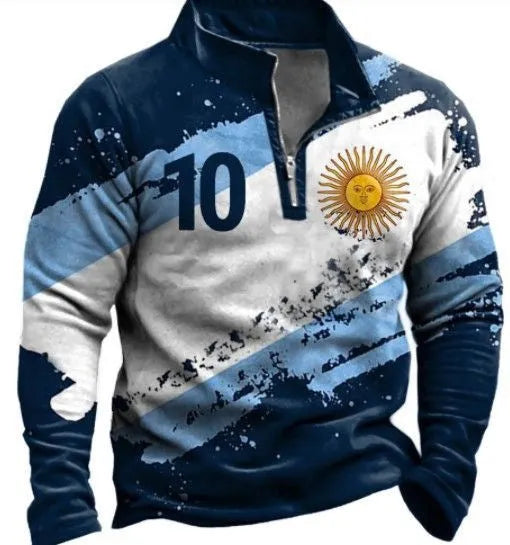 Man wearing a loose fit long sleeve t-shirt with retro colour printing and stripe pattern for golf or casual wear