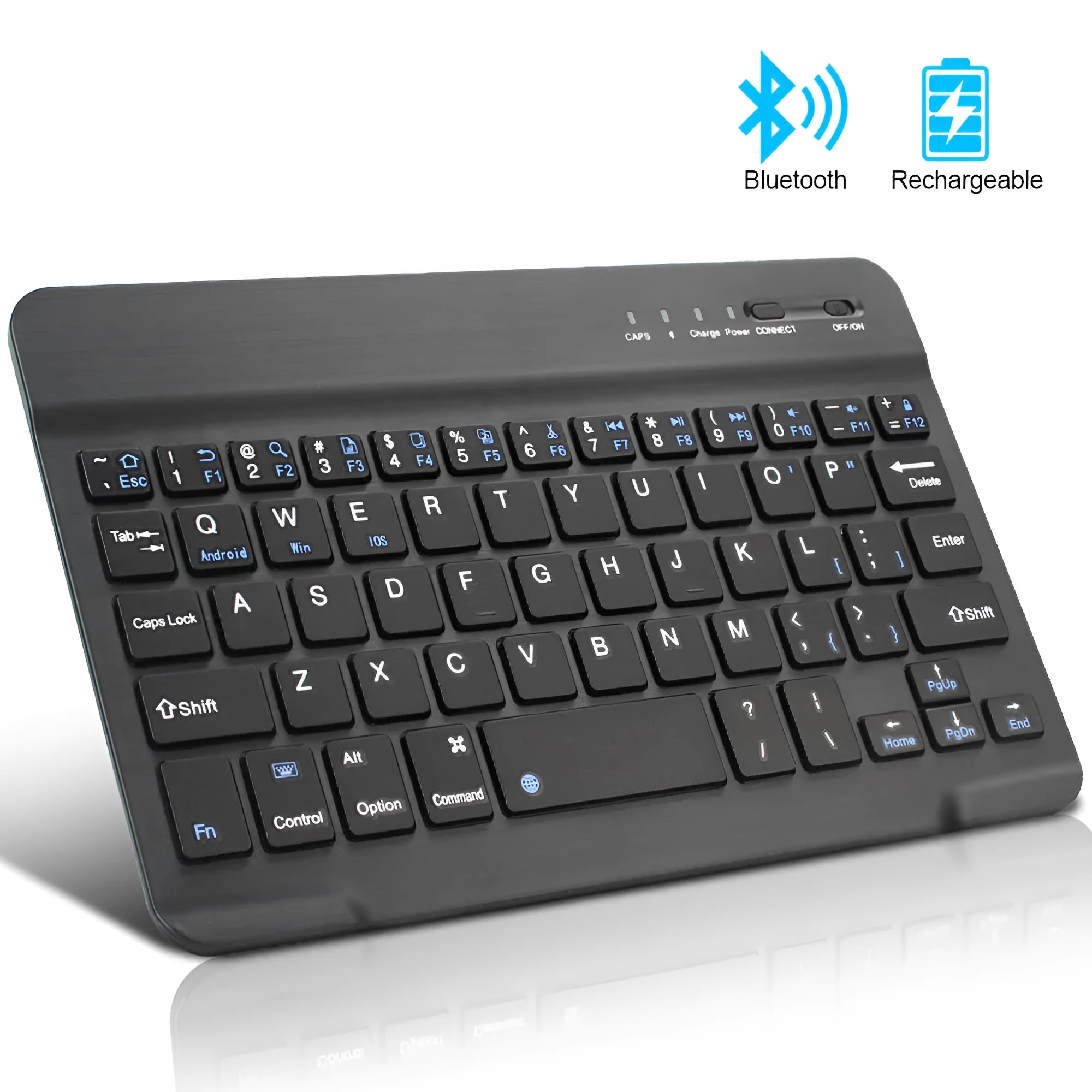 Black and white mini Bluetooth wireless keyboard shown in 7-inch, 9-inch, and 10-inch size options.