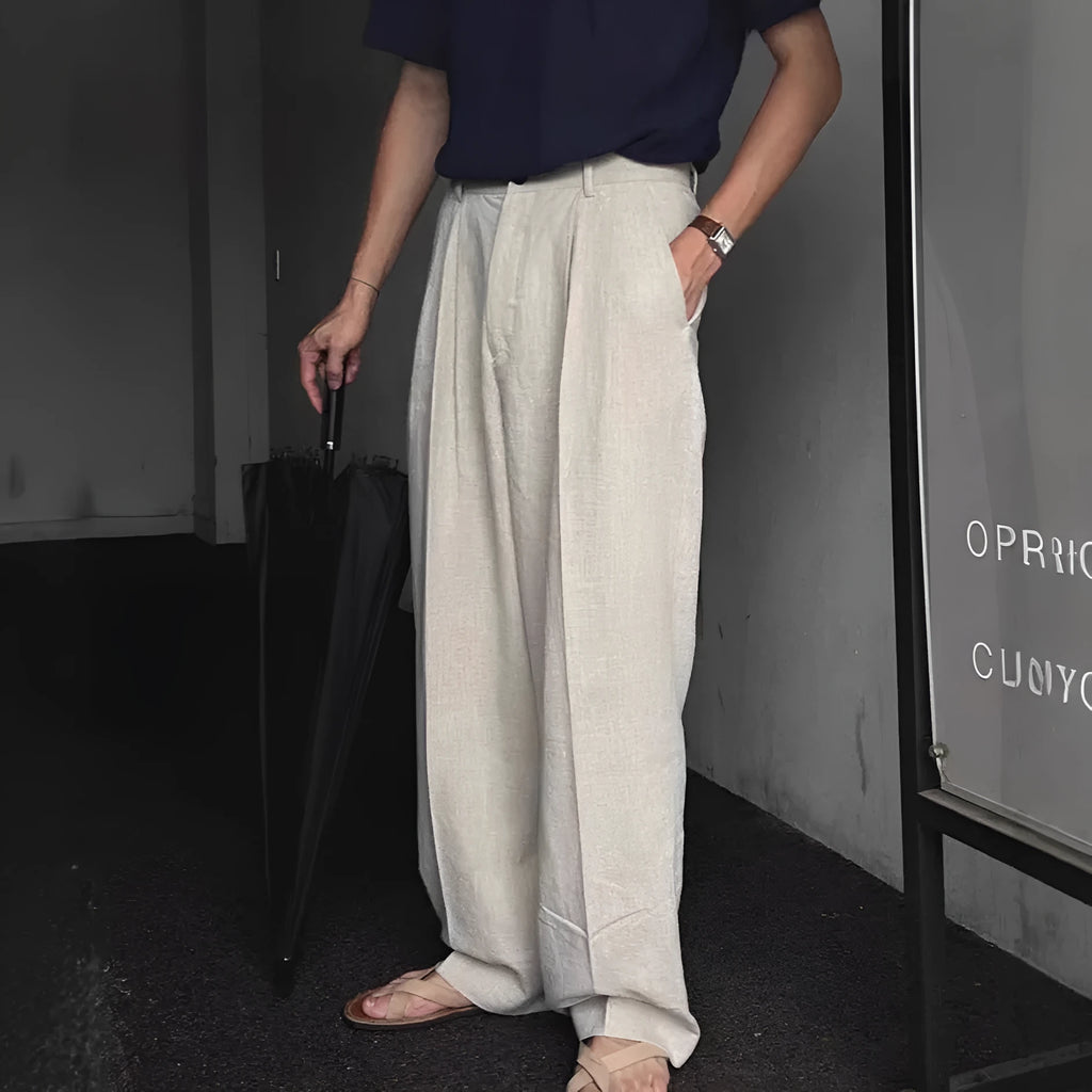 Men's loose fit cotton linen trousers in wide-leg Korean style with zip fly and elastic waist