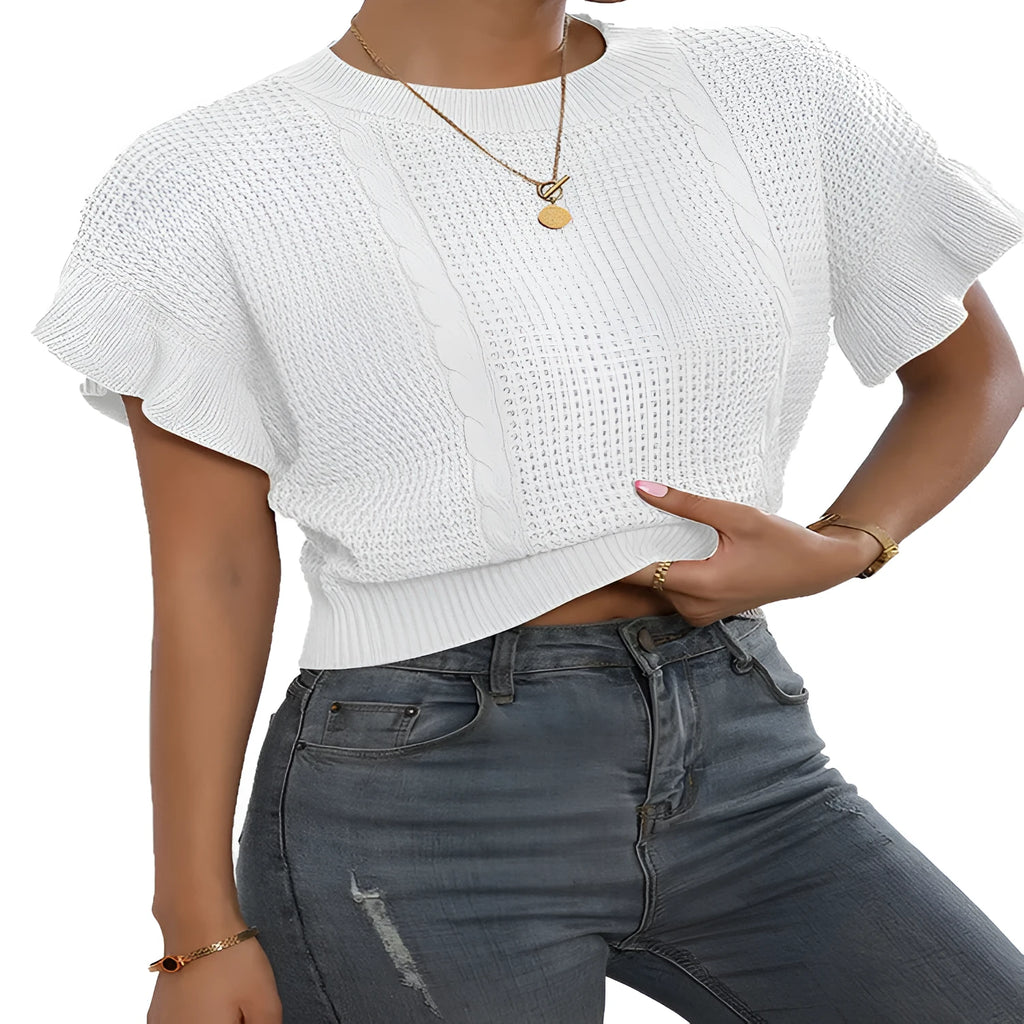 Loose fit knitted pullover sweater with ruffled short sleeves in Japanese Korean casual style