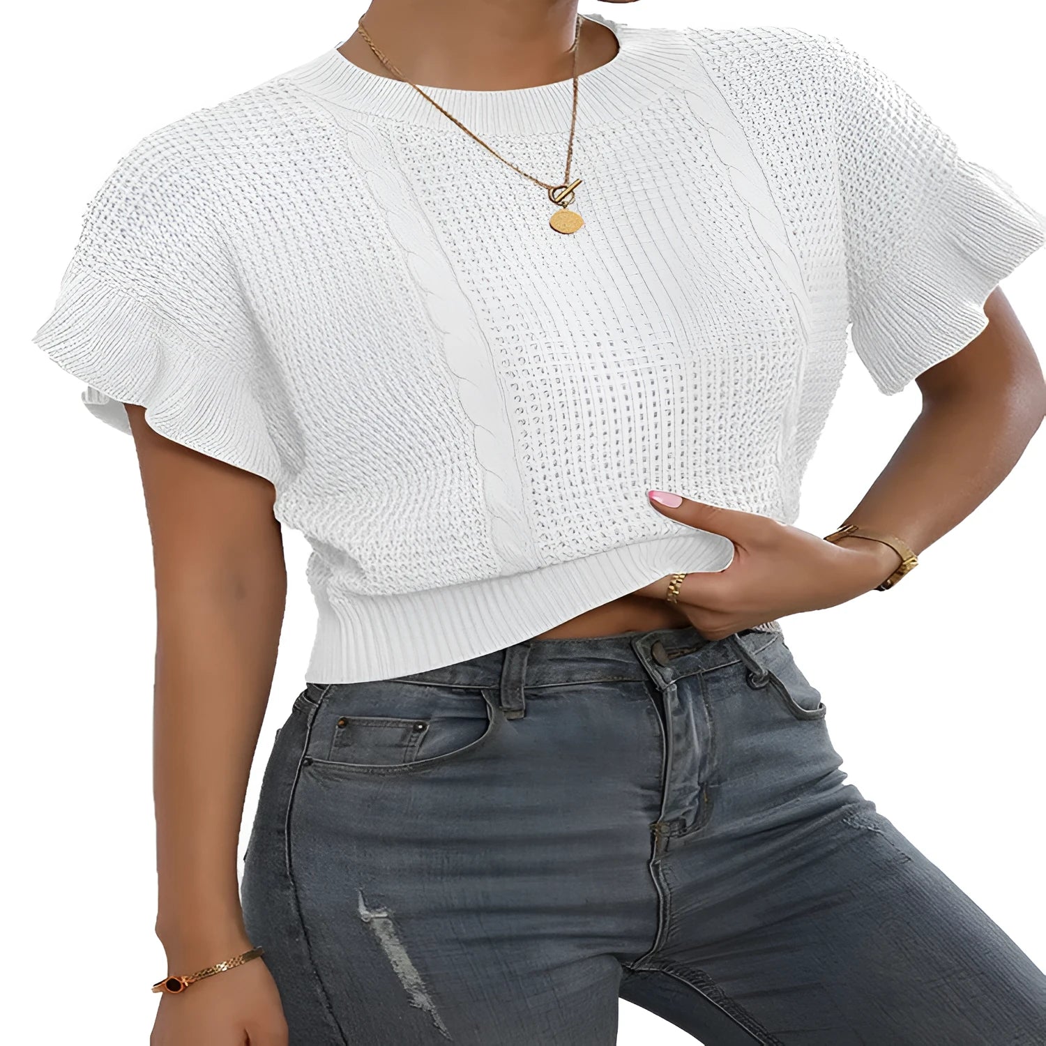 Loose fit knitted pullover sweater with ruffled short sleeves in Japanese Korean casual style