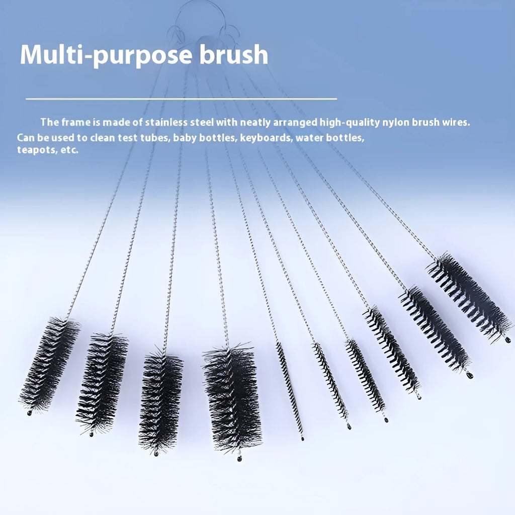 Nylon cleaning brush set with stainless steel handle for reusable straws, black and white options