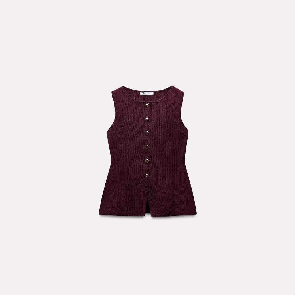 Women's dark red sleeveless sweater vest with slim fit and 3D pattern design