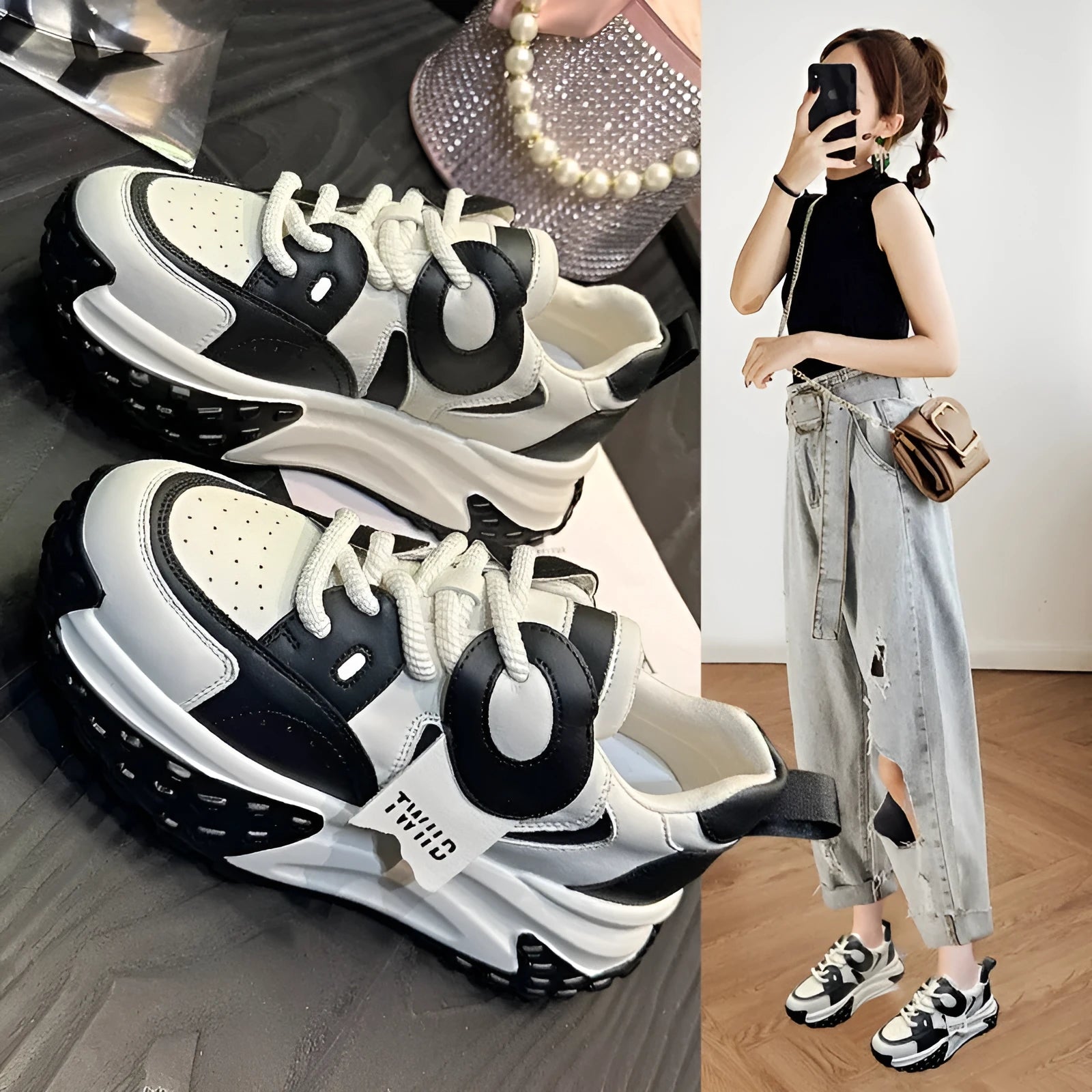 Women's leather casual shoes with a thick wedge heel and lace-up front in four colour options.
