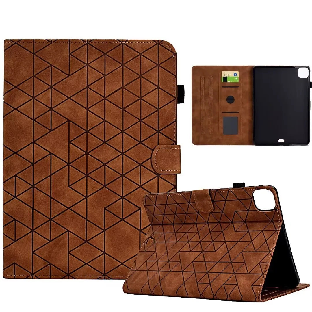 iPad Pro 11 leather case with card holder in diamond embossed green pattern, showing stand function.