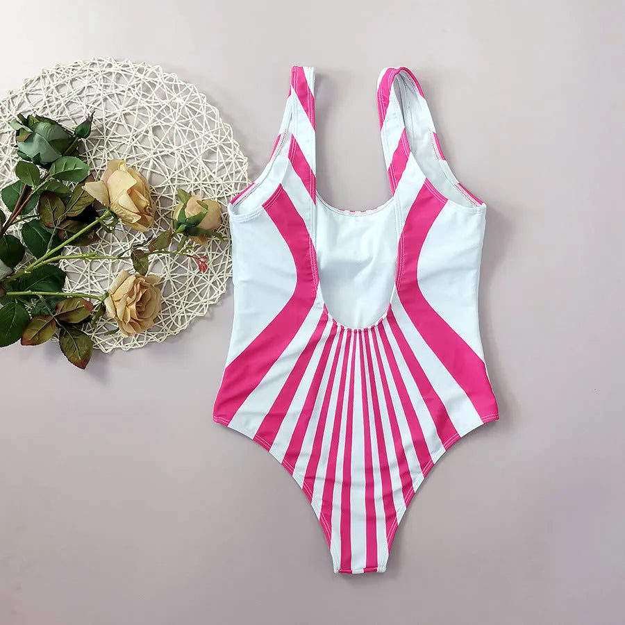Women's pink striped one-piece swimsuit with digital front and back printing