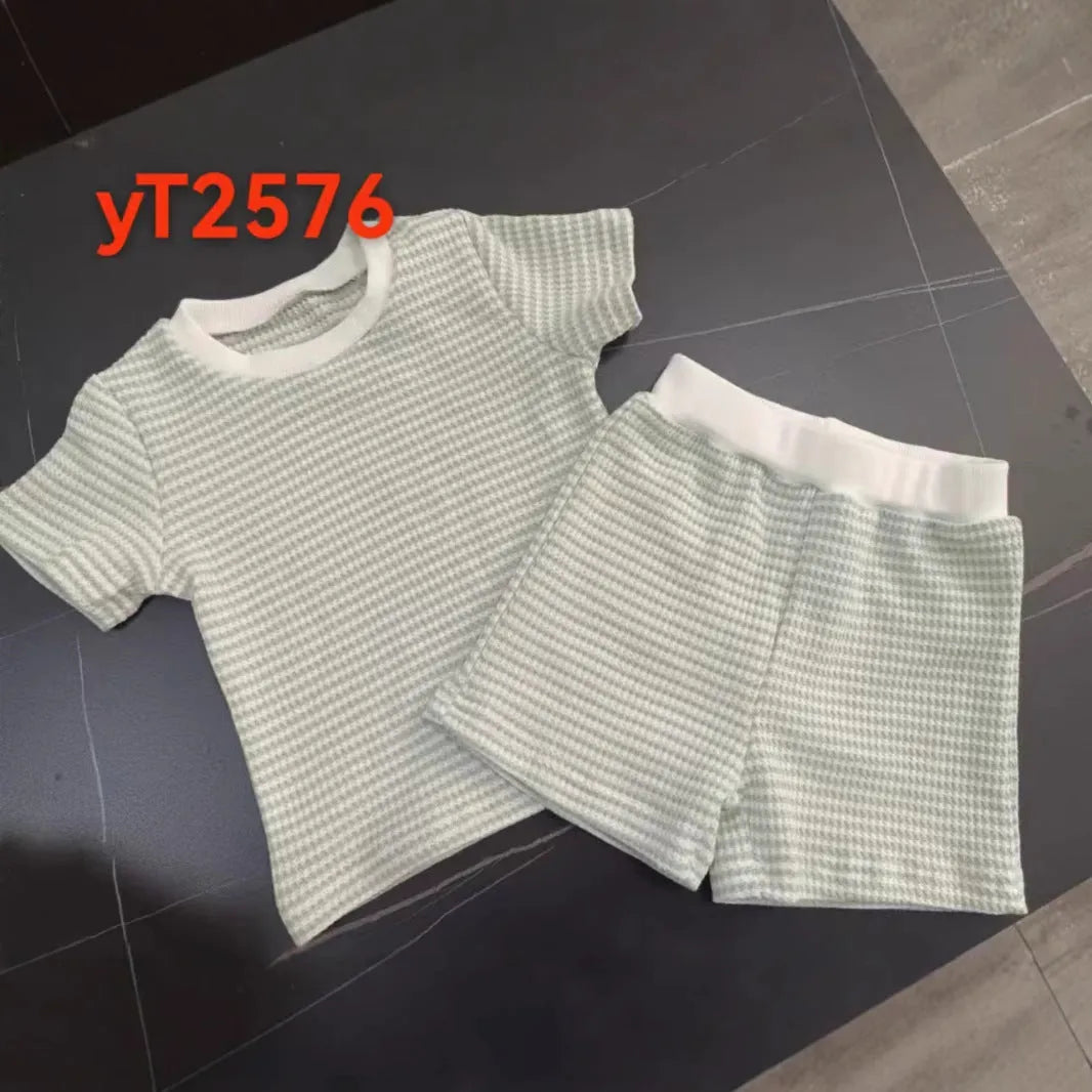 Baby and infant cotton striped short sleeve top and shorts suit in blue, green, and khaki colour options