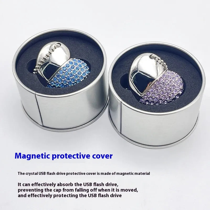 Brick-inlaid heart-shaped metal USB flash drive showing colour options and compact dimensions