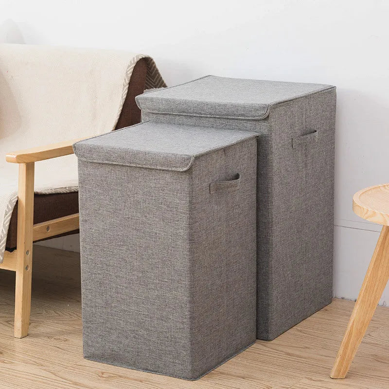 Cotton linen foldable storage basket in modern simplicity style shown in grey colour