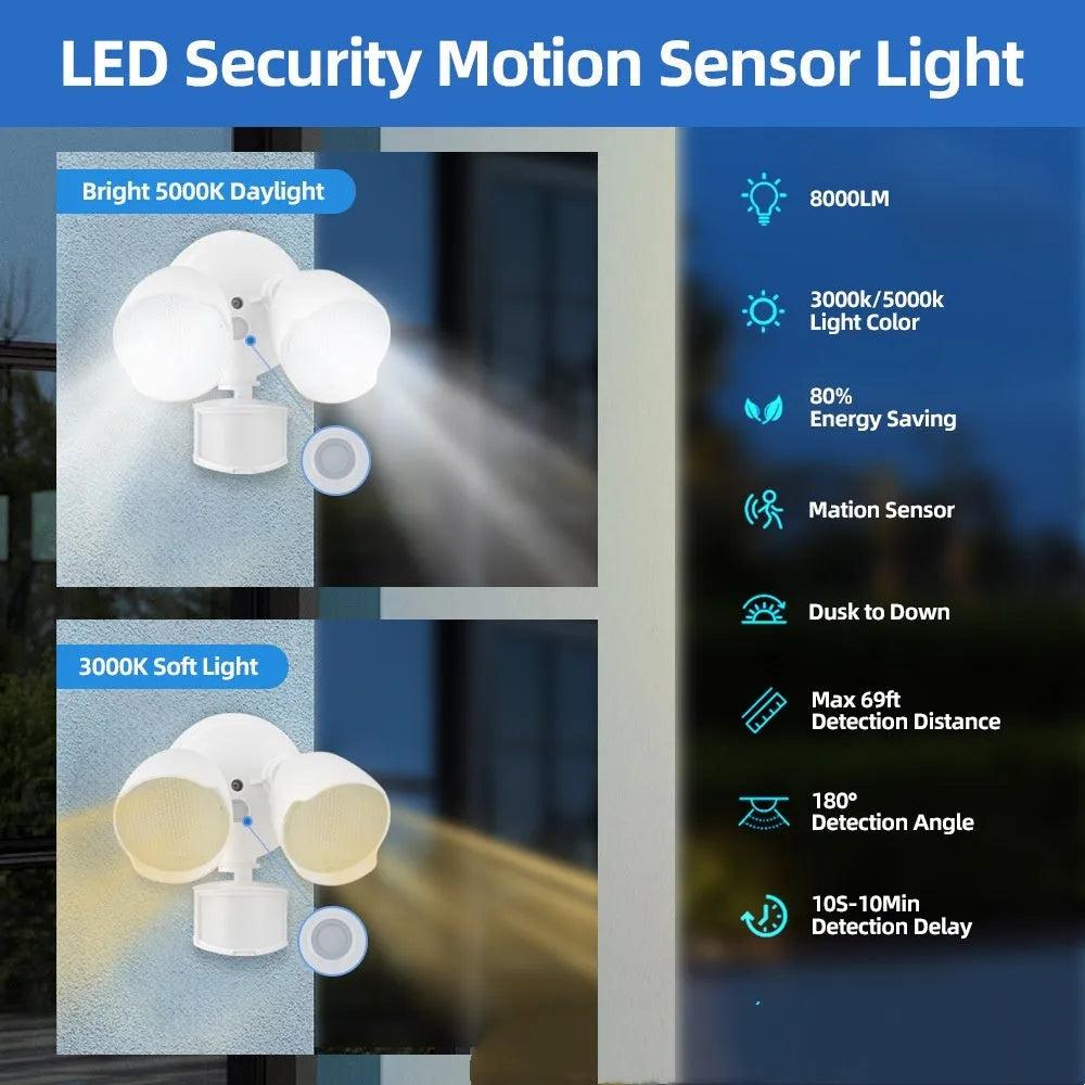 White LED security flood light with PIR motion sensor mounted on an outdoor wall.