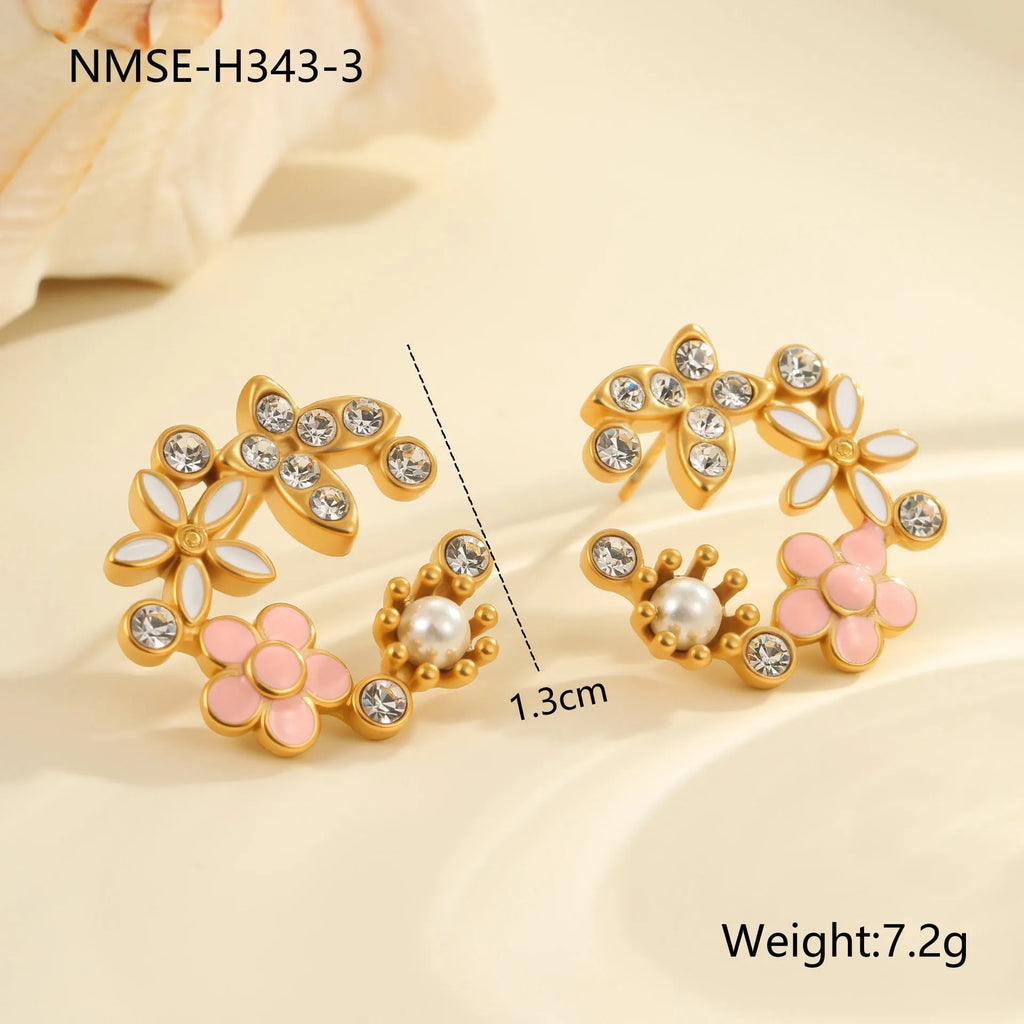 Flower stud earrings with colourful oil diamond finish on petal design, 18K stainless steel construction