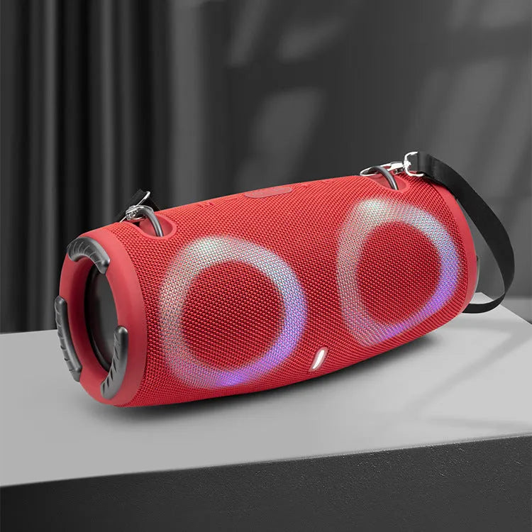 War Drum portable Bluetooth speaker with RGB coloured lights in multiple colour options on a strap.