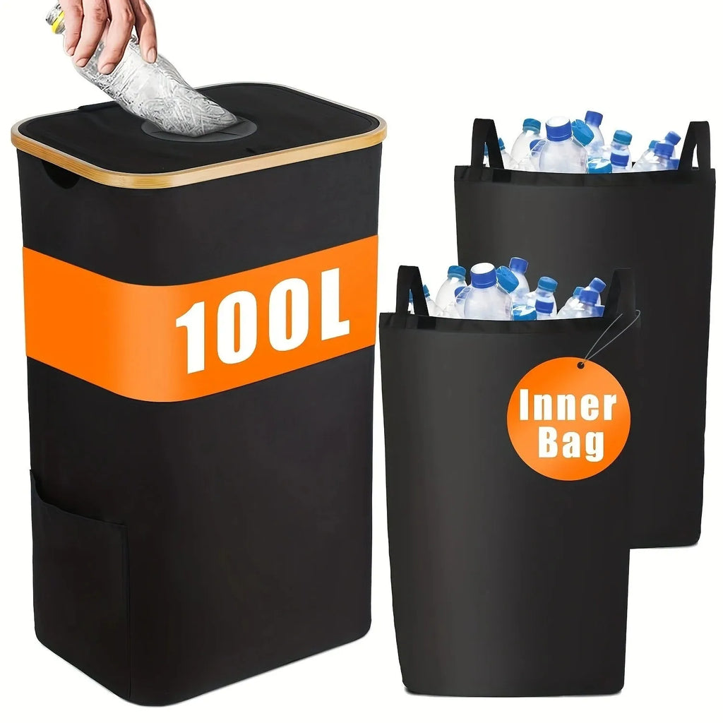 Black bamboo storage basket with removable lid and double inner pockets for laundry organisation