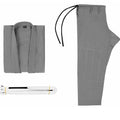 Brazilian Jiu-jitsu gi uniform set in cotton blend fabric showing colour options black, blue, gray, rose red, and white.