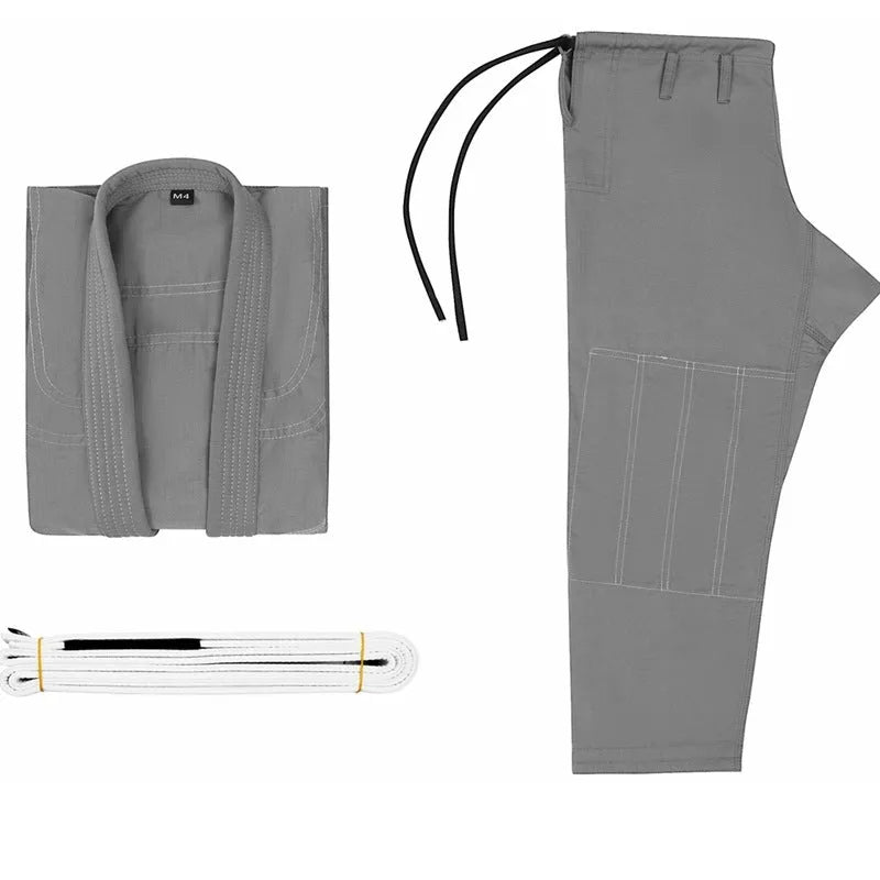 Brazilian Jiu-jitsu gi uniform set in cotton blend fabric showing colour options black, blue, gray, rose red, and white.