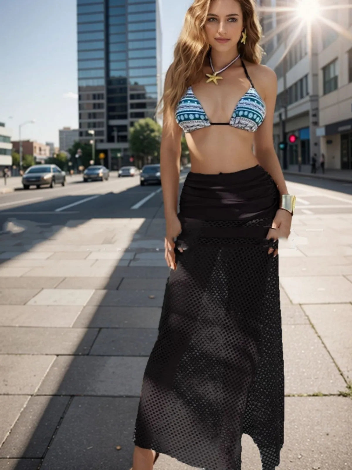 Women's brown European-style three-piece bikini set with fishnet long skirt on mannequin