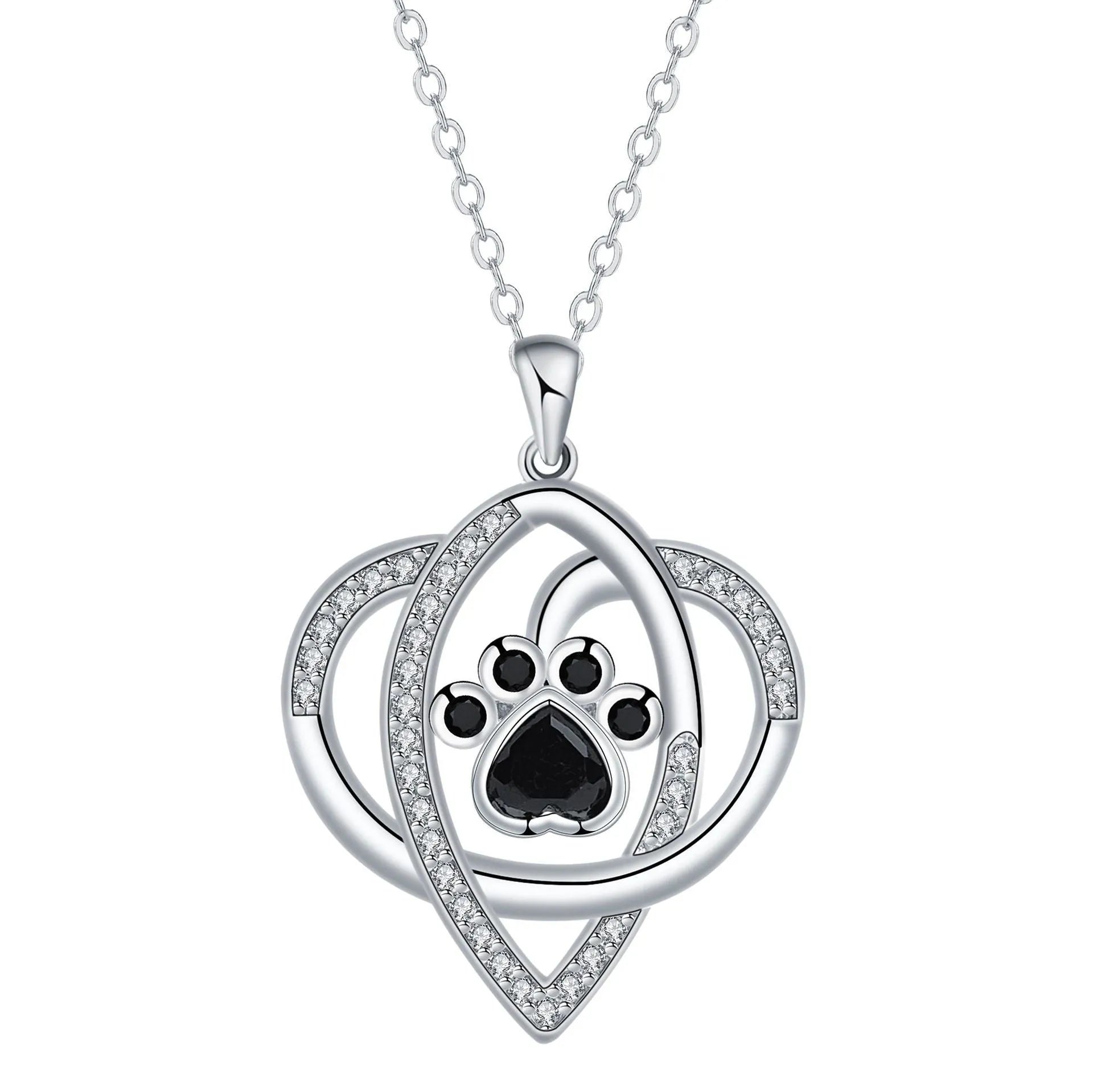 Copper necklace for women showing a pendant with dog paw and cat footprints design on a cross chain.