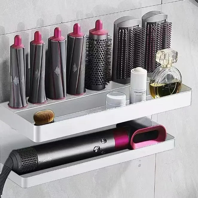 White punch-free double-layer aluminium bathroom storage rack for Marcel wavers and hair curlers