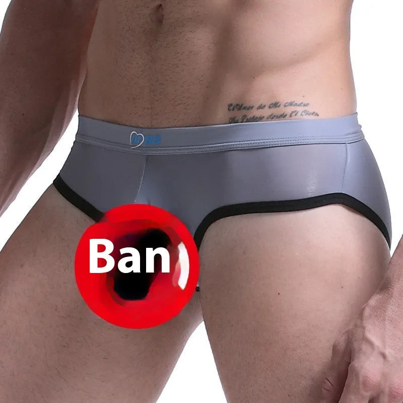 Men's thin ice silk bazooka briefs in multiple colours on a mid waist model.