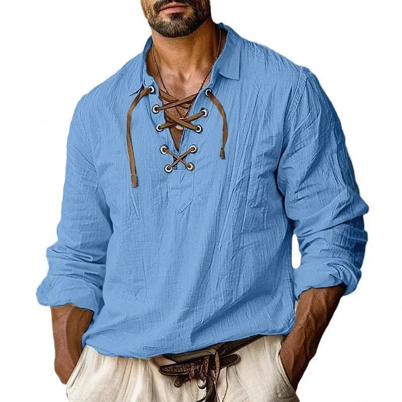 Men's loose fit plus size shirt with lapels and lace detailing in a linen blend fabric.